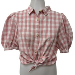 Zara Girls Linen Blend Checked Knotted Gingham Pink Buttoned Top 13-14
